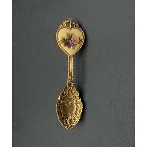 1928 Brand Spoon Brooch Pin Gold Tone Porcelain Floral Heart Insert Approx 2.75"